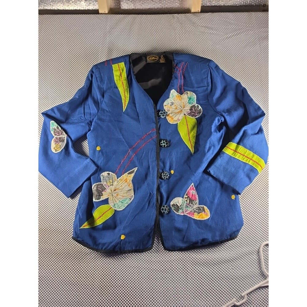 Allure Womens M Blue Floral Applique Jacket Art Wear Cotton Lined Statement